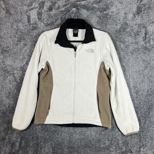 The North Face Women's White and Tan Fleece Jacket with Black Collar